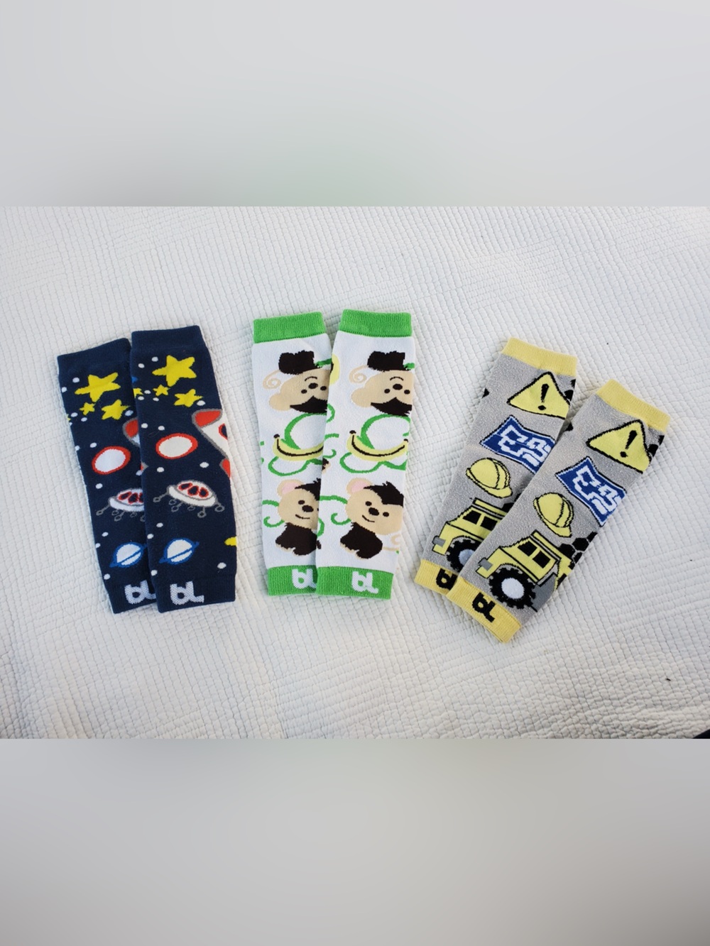 3-Pair Toddler Leg Warmer Set - Space, Monkey, Construction - Navy/Green/Gray